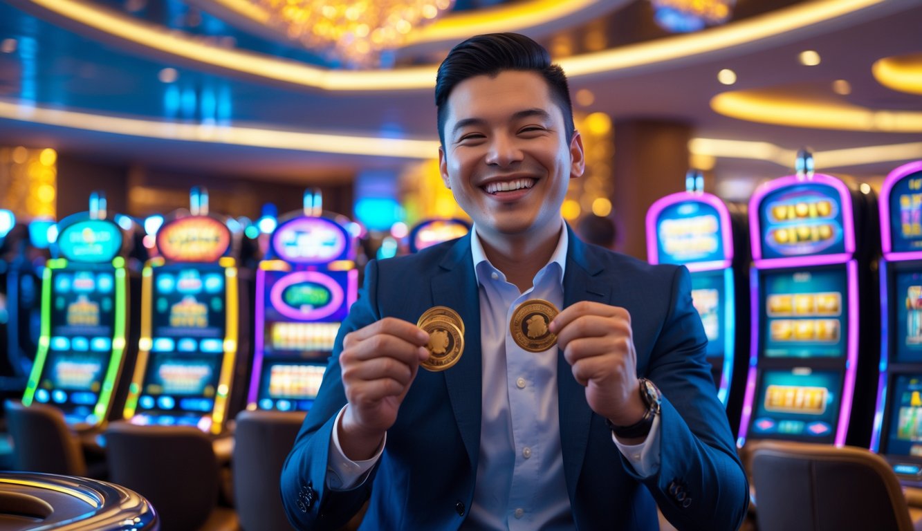 Seseorang yang percaya diri merayakan kemenangan besar di dalam kasino modern dengan mesin slot berwarna-warni di latar belakang.