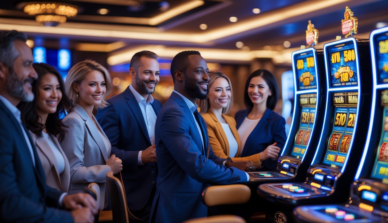 Sejumlah orang dewasa yang bahagia bermain mesin slot berwarna cerah di dalam kasino modern dengan suasana mewah dan pencahayaan hangat.