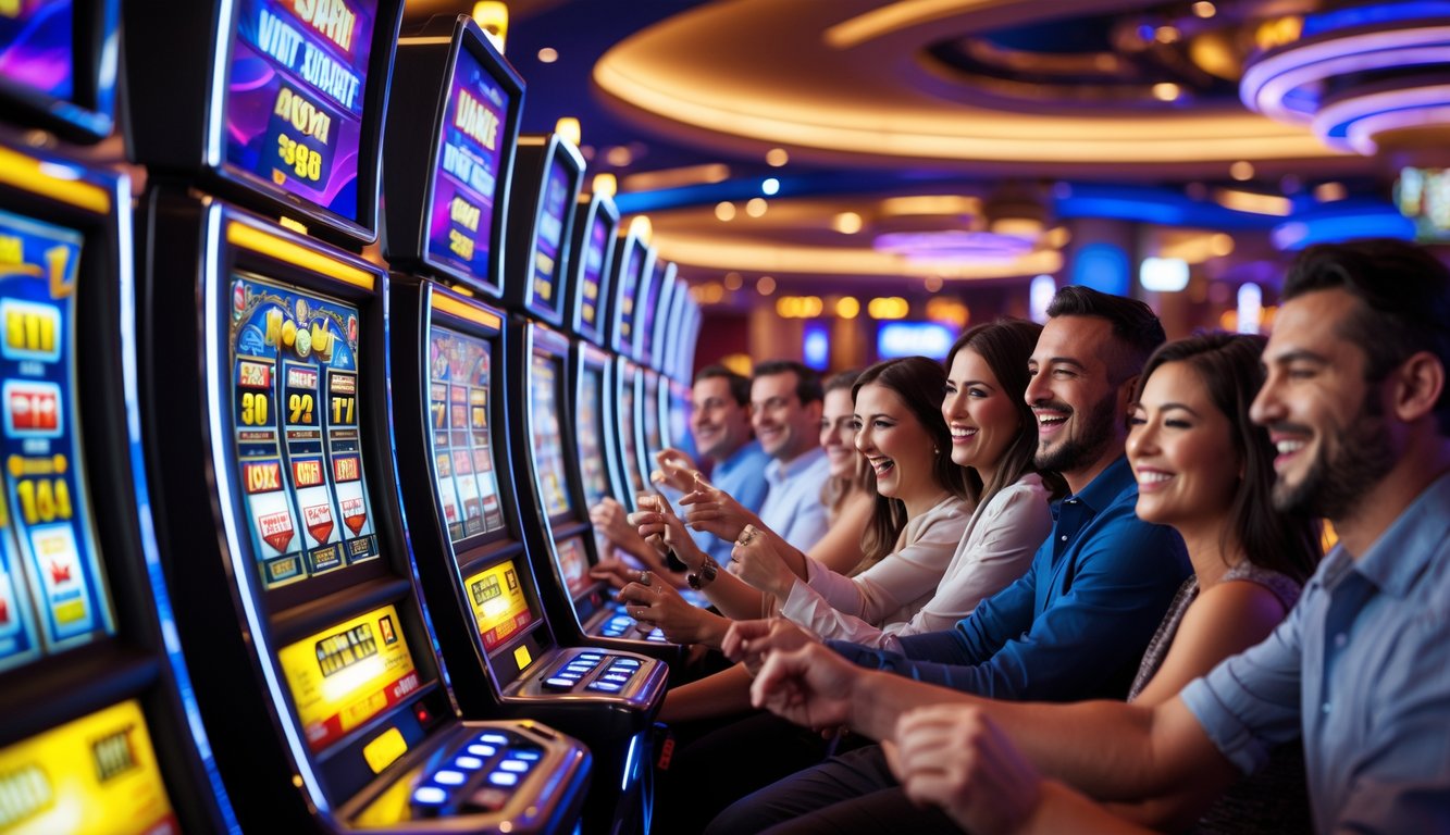 Beberapa orang bermain mesin slot di kasino dengan lampu berwarna-warni dan suasana yang meriah.