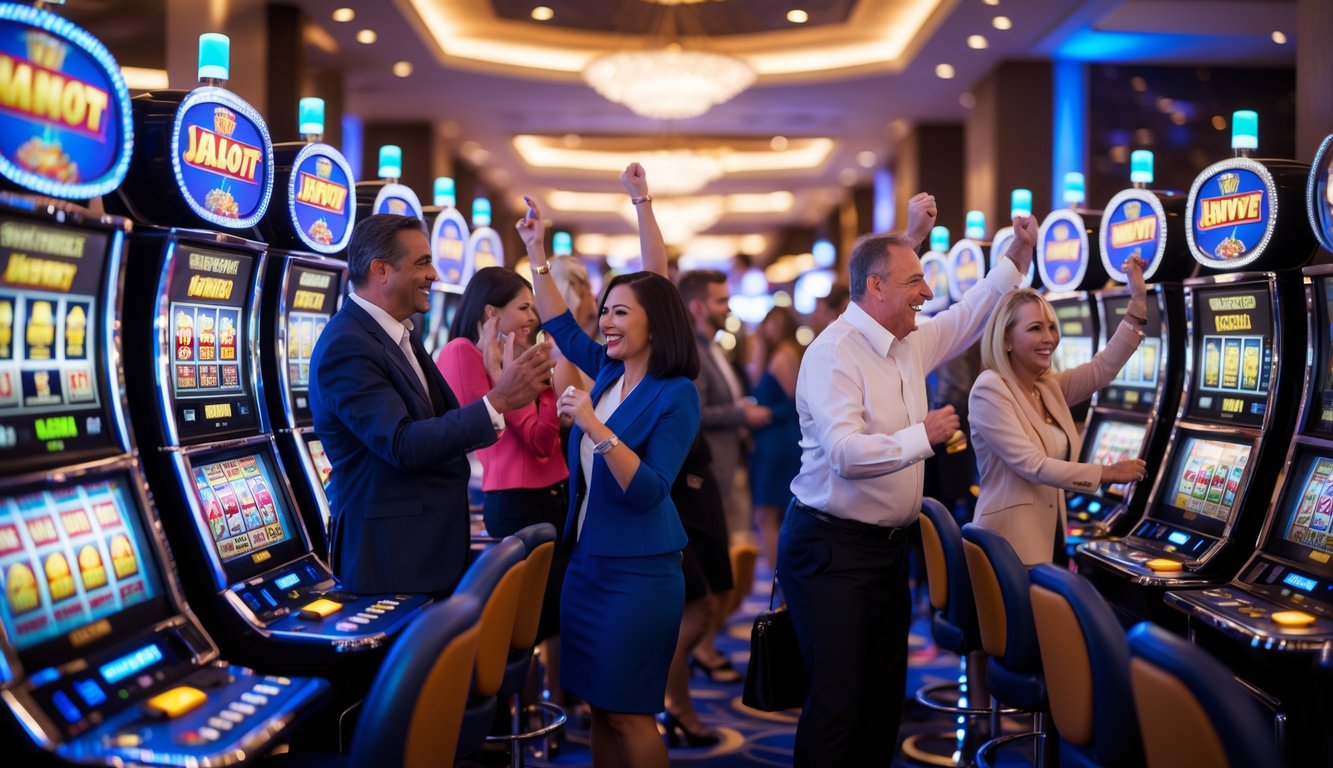 Orang-orang bermain mesin slot di dalam kasino yang terang dan ramai dengan suasana penuh semangat dan kegembiraan.