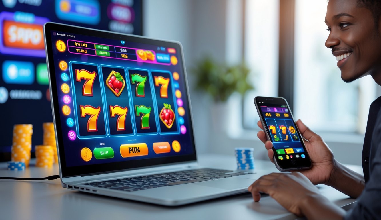 Seorang pemain muda tersenyum sambil menggunakan laptop dan ponsel untuk bermain permainan slot online dengan latar belakang yang menunjukkan simbol pembayaran cepat.