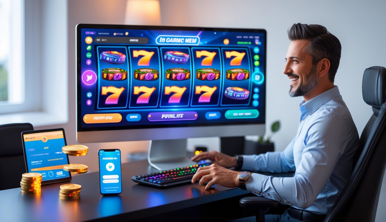 Seorang dewasa sedang bermain permainan slot online di komputer dengan suasana ruangan yang terang dan rapi.