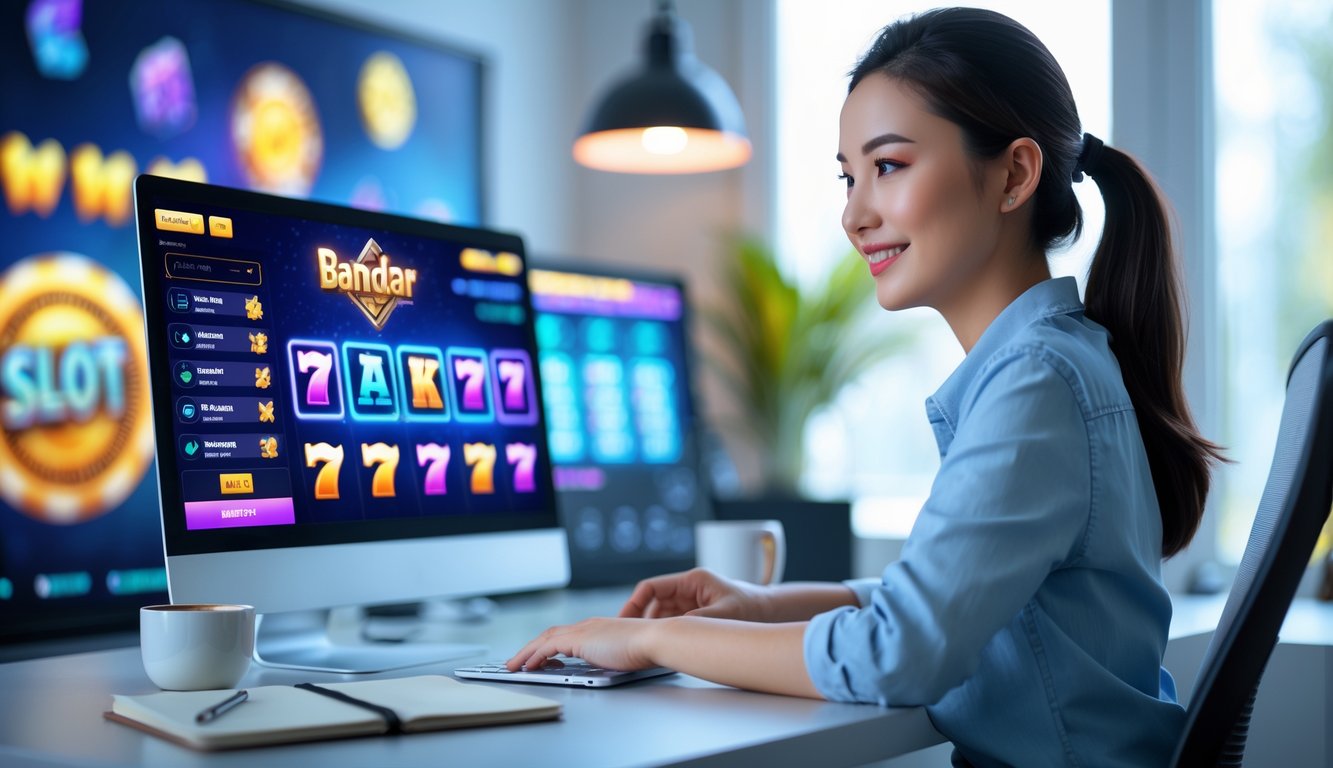 Seorang pemain muda duduk di depan laptop dengan tampilan permainan slot online yang berwarna-warni di layar, di ruang yang terang dan rapi.