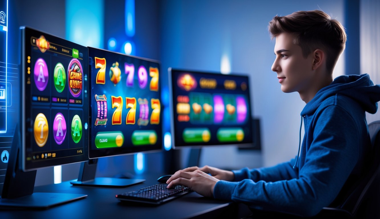 Seorang pemain muda duduk di depan komputer dengan layar yang menampilkan permainan slot online berwarna-warni dalam suasana gaming yang nyaman dan modern.