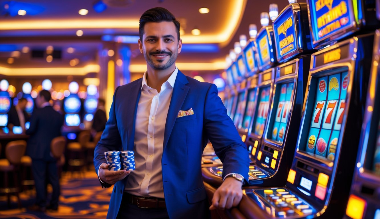 Seorang pria percaya diri berdiri di samping mesin slot yang menyala di dalam kasino modern, memegang tumpukan chip kasino dengan latar belakang suasana kasino yang ramai.