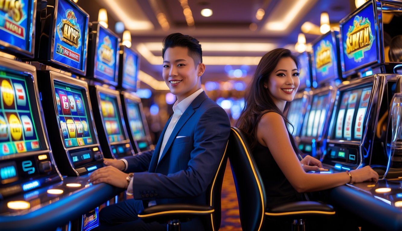 Dua orang pemain muda duduk di depan mesin slot yang menyala di dalam kasino dengan suasana mewah dan pencahayaan hangat.