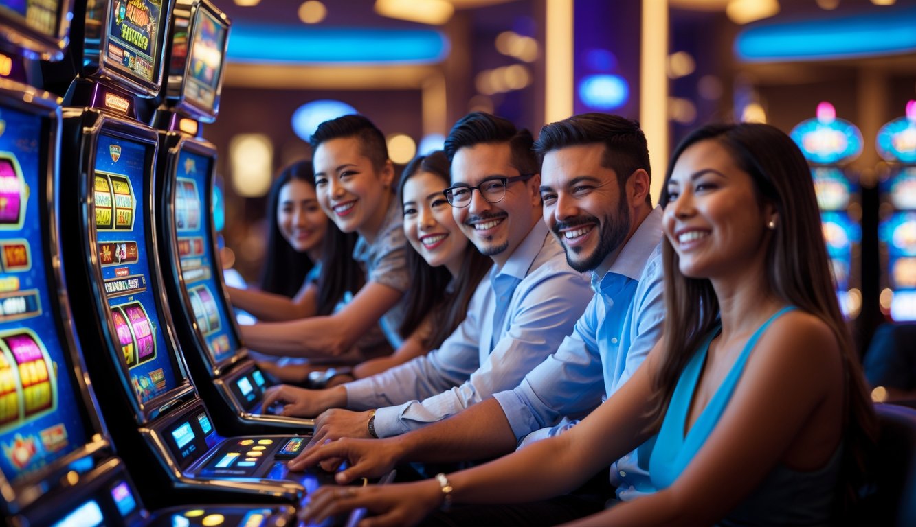 Orang-orang tersenyum bermain mesin slot di kasino yang terang dan modern dengan suasana yang menyenangkan dan penuh semangat.