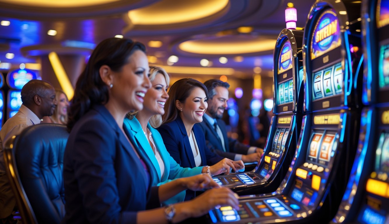 Orang-orang bermain mesin slot di dalam kasino dengan ekspresi senang dan fokus.