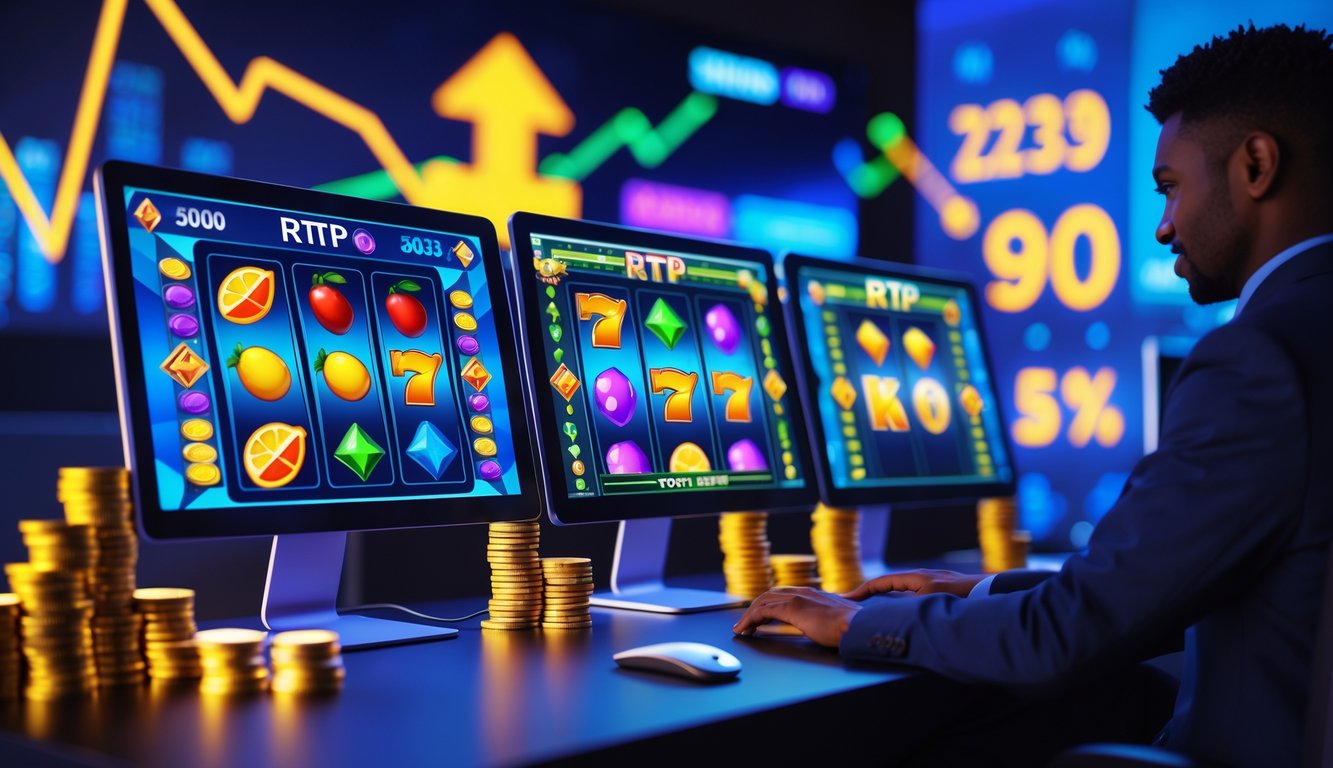 Seorang pengguna sedang bermain mesin slot online di depan beberapa layar komputer dengan simbol mesin slot dan grafik keuntungan.