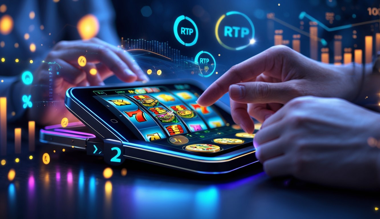 Tangan seseorang menggunakan perangkat layar sentuh dengan tampilan mesin slot berwarna-warni dan grafik data di latar belakang.