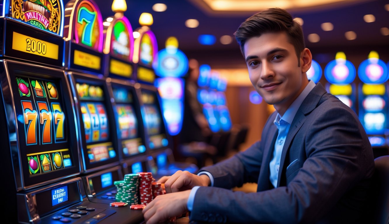 Seorang pria muda duduk di depan mesin slot di kasino dengan ekspresi fokus dan senyum tipis, dikelilingi oleh chip kasino dan ponsel yang menampilkan pemberitahuan kemenangan.