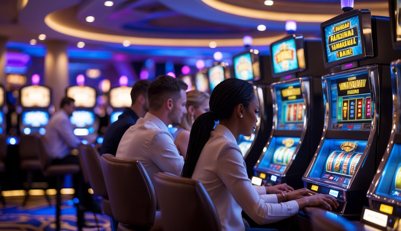 Orang-orang sedang bermain mesin slot di kasino dengan suasana yang cerah dan fokus.