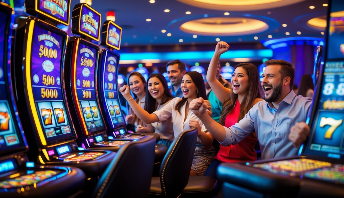 Beberapa pemain sedang menikmati permainan mesin slot di dalam kasino yang terang dan modern, dengan suasana penuh kegembiraan dan kemenangan.
