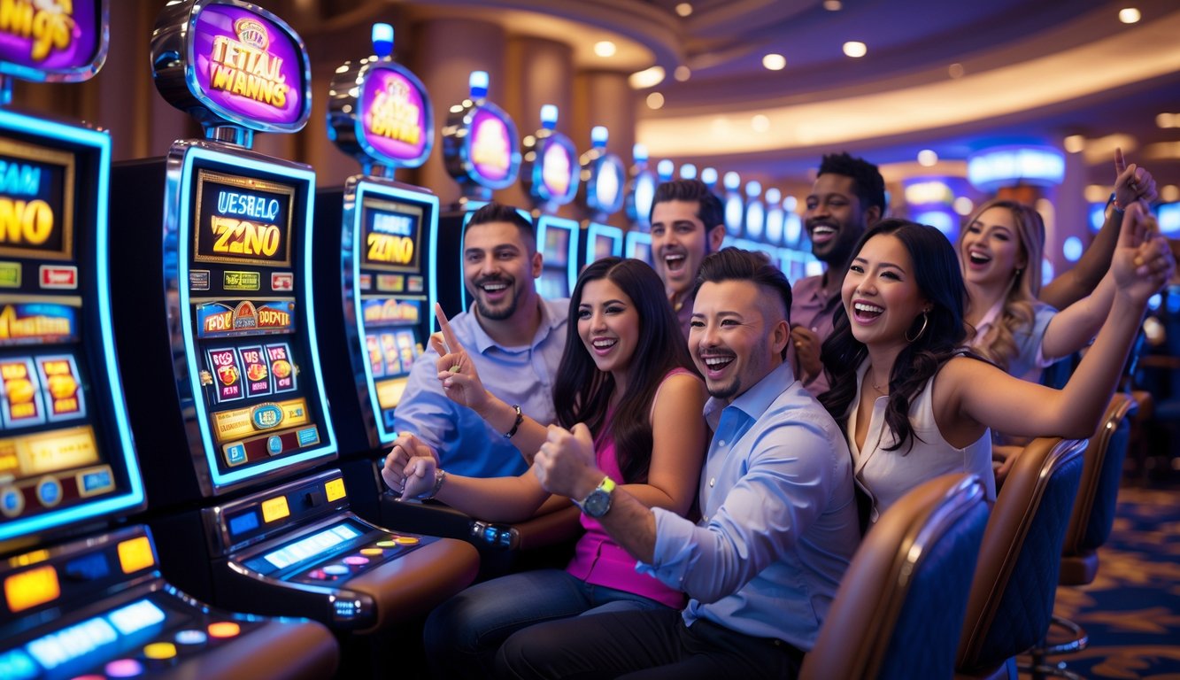 Beberapa orang bermain mesin slot di kasino yang terang dan ramai dengan suasana gembira dan penuh semangat.