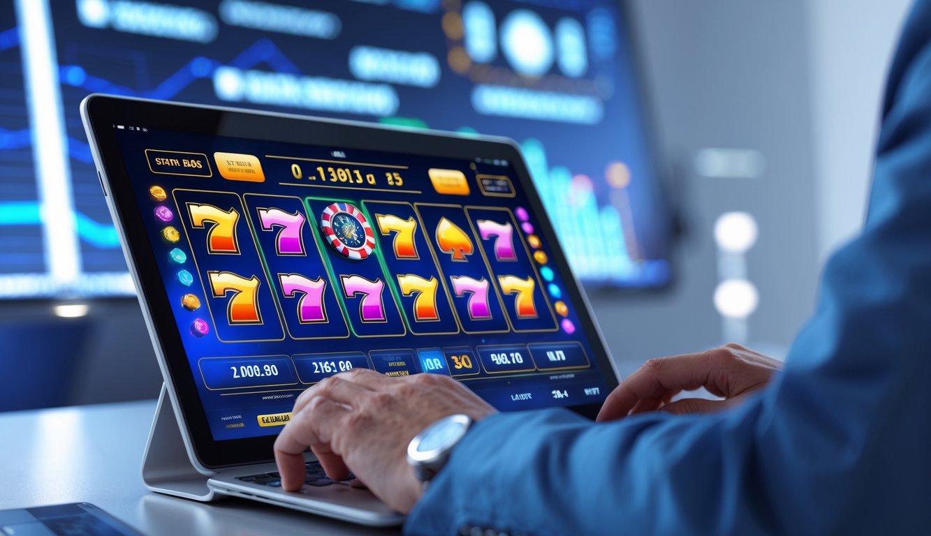 Seseorang menggunakan laptop dengan tampilan permainan slot berwarna-warni di layar dalam suasana modern dan profesional.