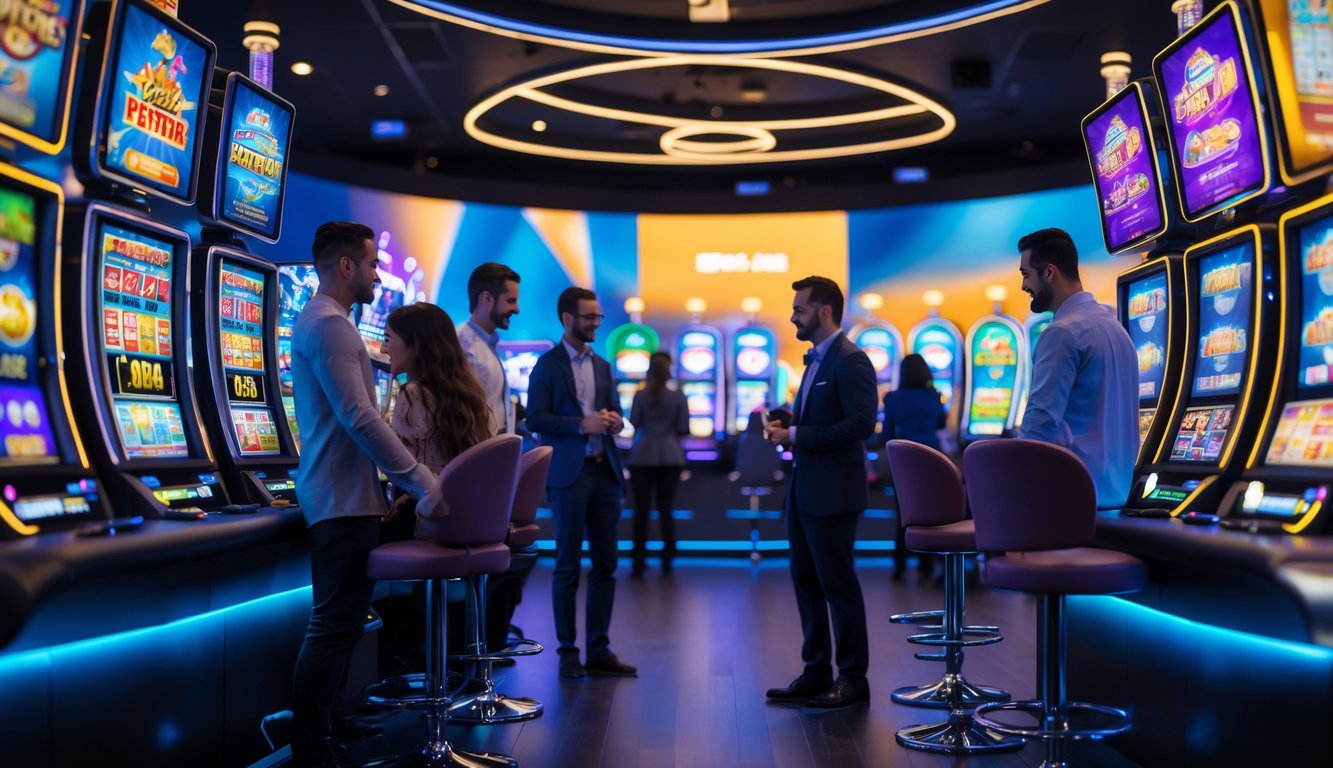 Sejumlah orang sedang bermain mesin slot digital di lingkungan kasino modern yang terang dan nyaman.