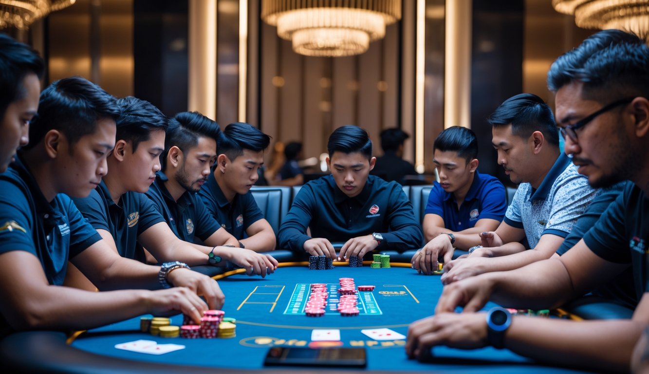 Sekelompok pemain poker profesional sedang fokus bermain Ceme di meja poker di dalam kasino yang mewah.
