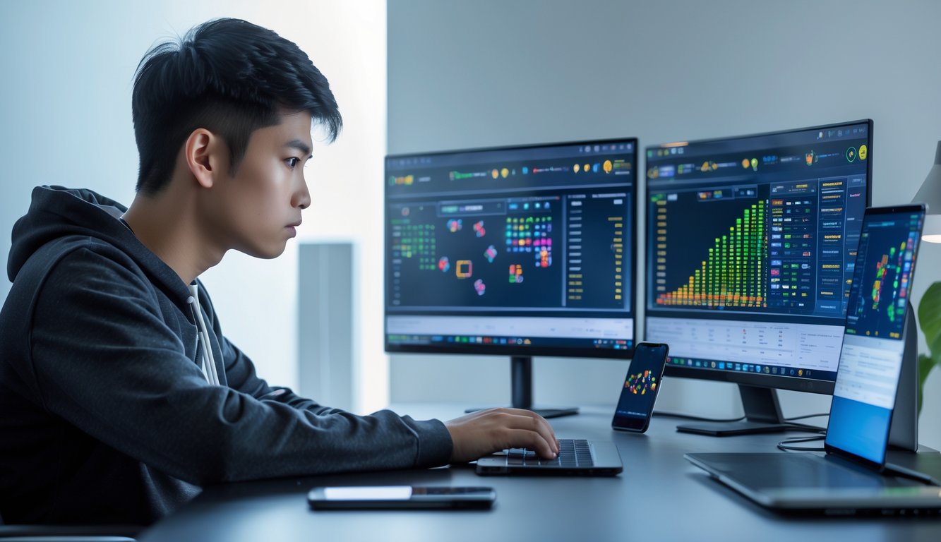 Seorang pria muda duduk di meja dengan beberapa layar digital yang menampilkan pola dan statistik permainan Ceme online.