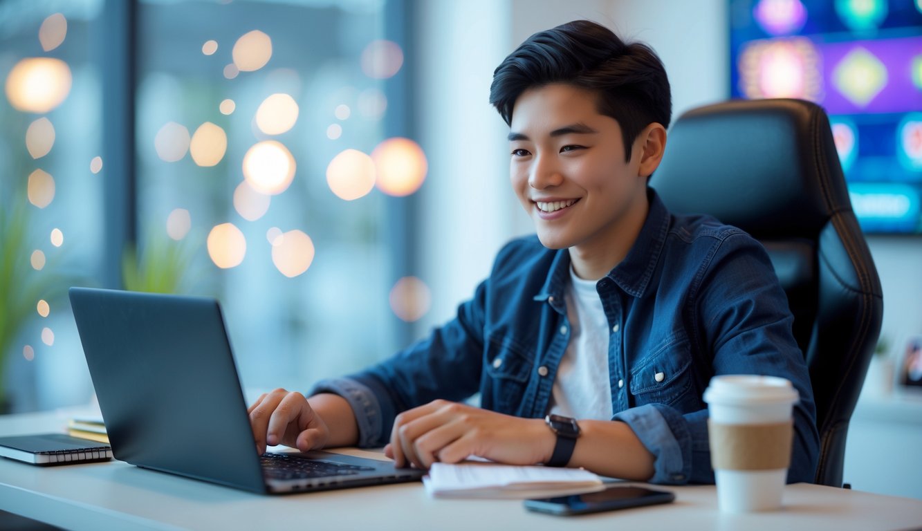 Seseorang duduk di meja dengan laptop, tersenyum sambil bermain permainan kartu online.