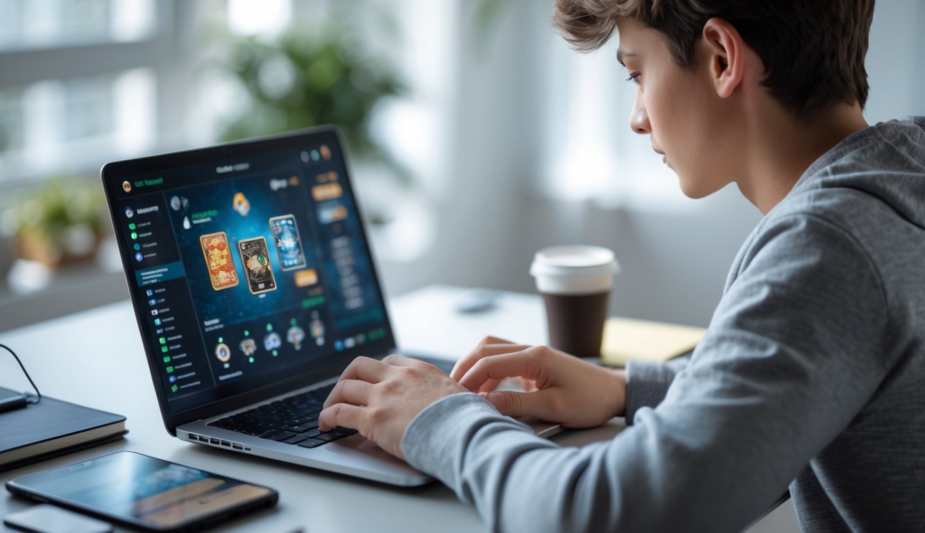 Seorang dewasa muda sedang fokus bermain permainan kartu online di laptop di ruang kerja rumah yang terang dan rapi.