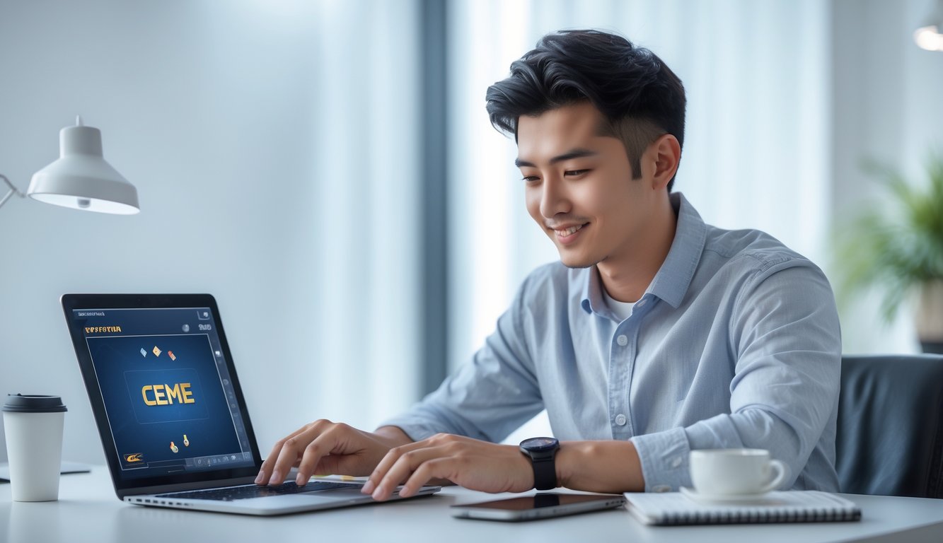 Seorang pria muda duduk di meja dengan laptop, fokus bermain permainan kartu online di ruangan yang terang dan rapi.