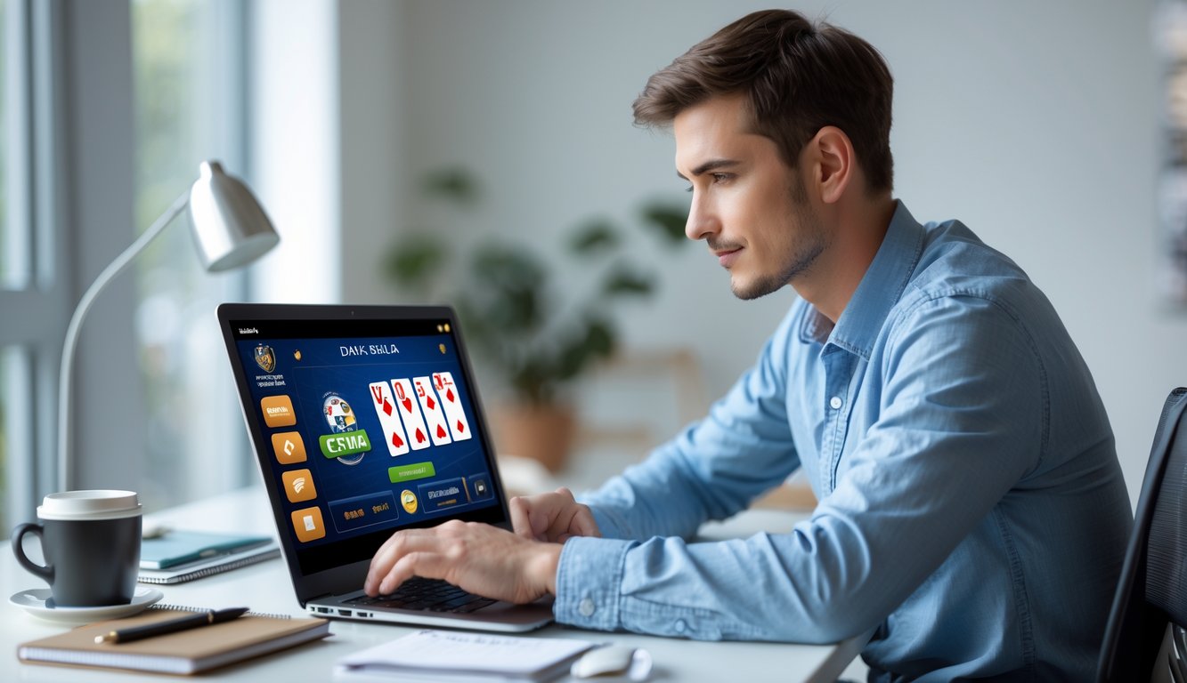 Seorang pria muda duduk di meja dengan laptop, fokus bermain permainan kartu online di ruangan yang terang dan rapi.