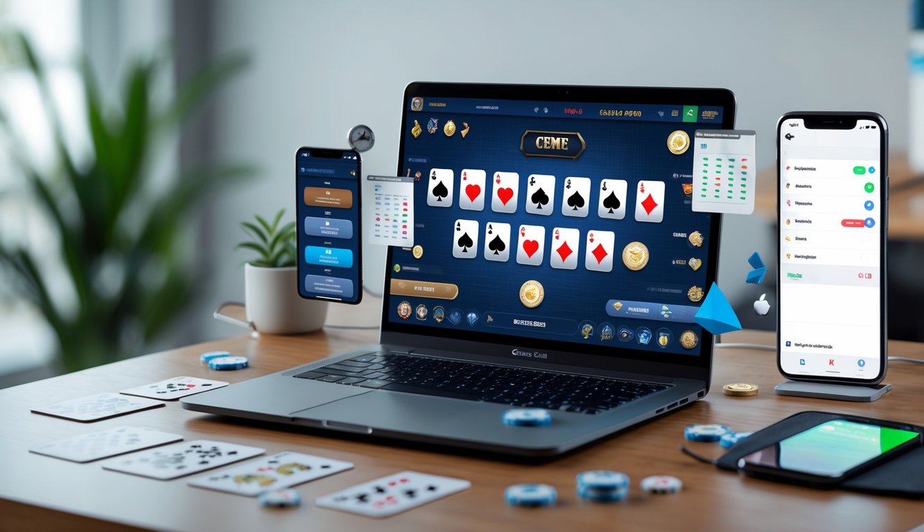 Sebuah laptop di meja kerja menampilkan permainan kartu online dengan kartu dan chip, dikelilingi oleh catatan dan ponsel.