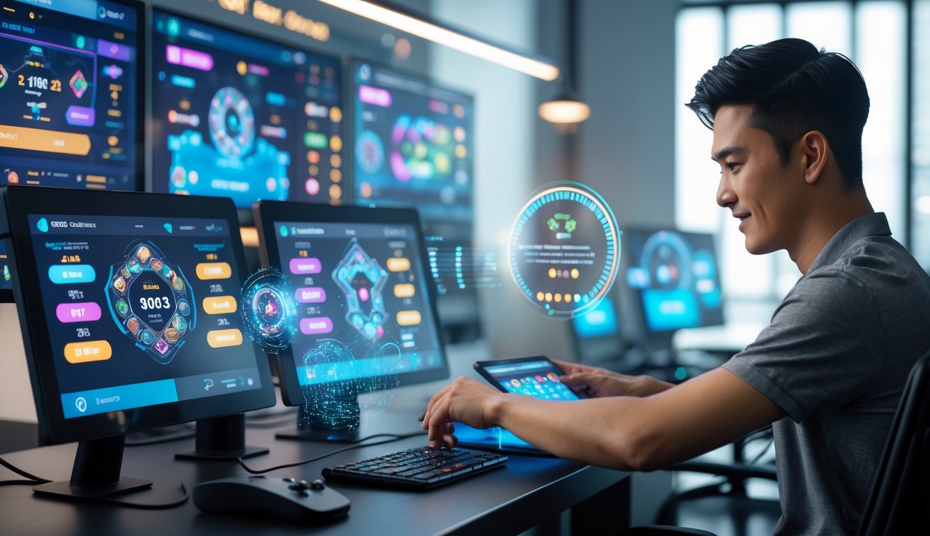 Seorang pria muda menggunakan perangkat layar sentuh di ruang kerja modern dengan beberapa layar menampilkan permainan kartu online dan data pola kemenangan.