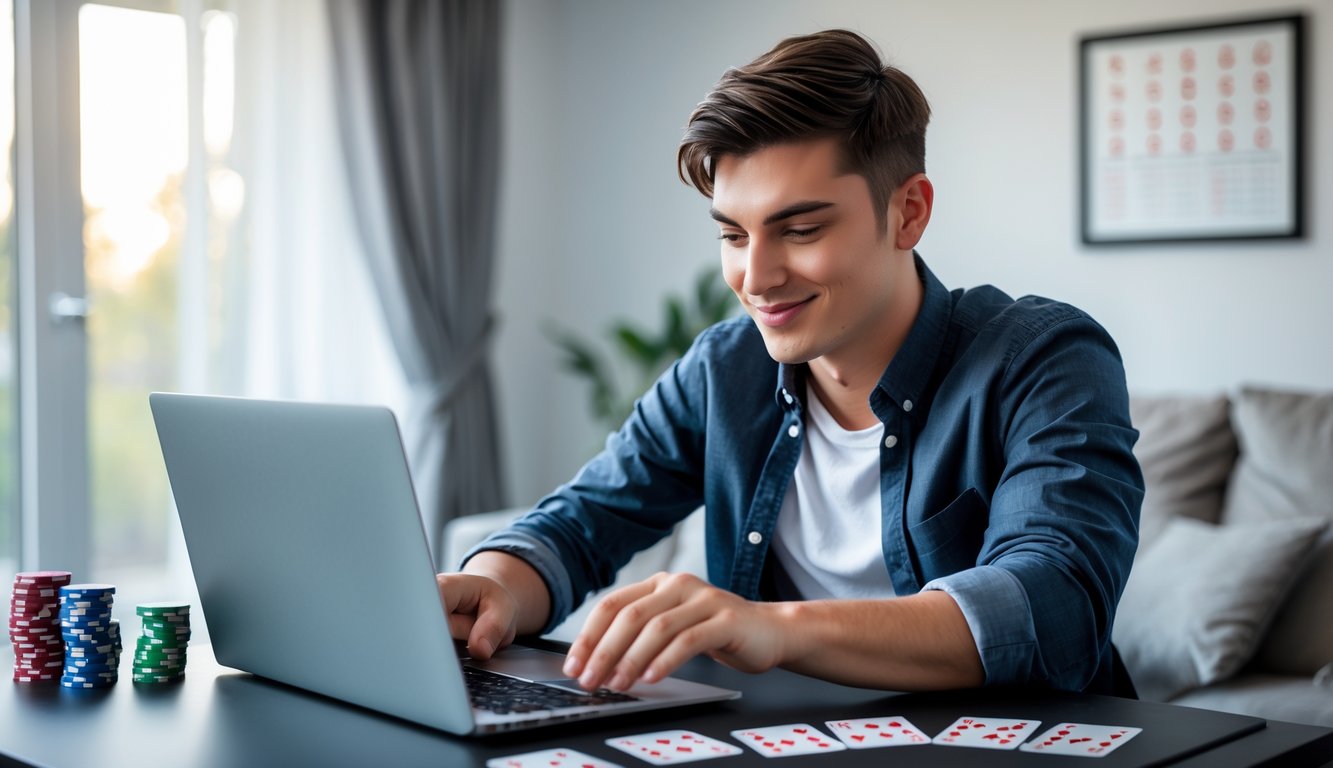 Seorang pria muda fokus bermain permainan kartu online di laptop di ruang tamu yang rapi dan terang.