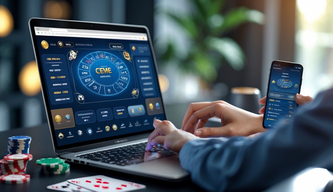 Seorang pria sedang bermain permainan Ceme online di laptop dengan ekspresi fokus di meja kerja modern.