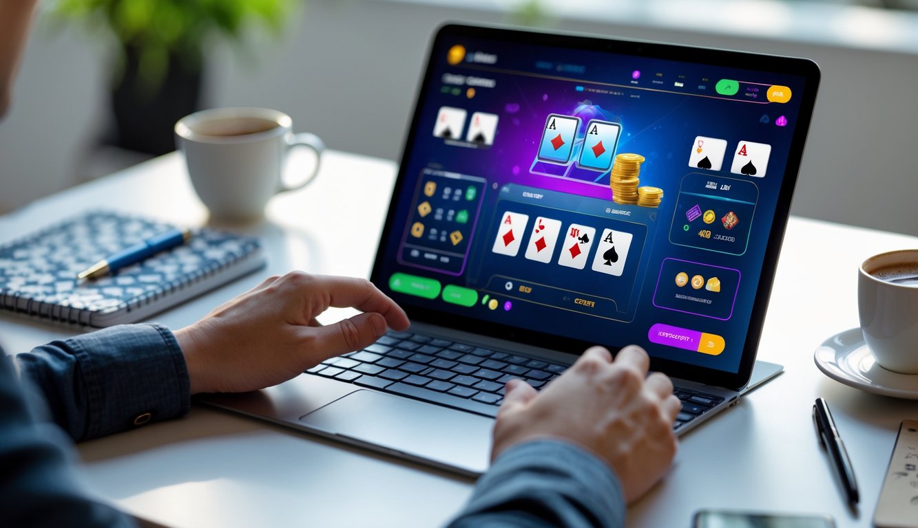 Seseorang menggunakan laptop dengan tampilan permainan kartu online, dikelilingi oleh catatan dan alat tulis di meja kerja.