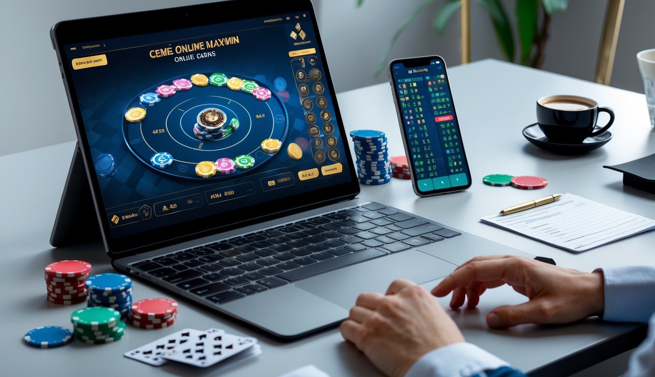 Seorang pemain sedang menggunakan laptop dengan tampilan permainan Ceme Online dan beberapa chip serta kartu bermain di meja.