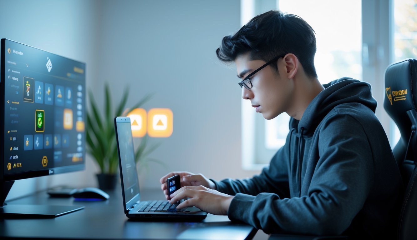 Seorang pria muda sedang serius bermain permainan kartu online di depan laptop di sebuah ruangan dengan pencahayaan alami.