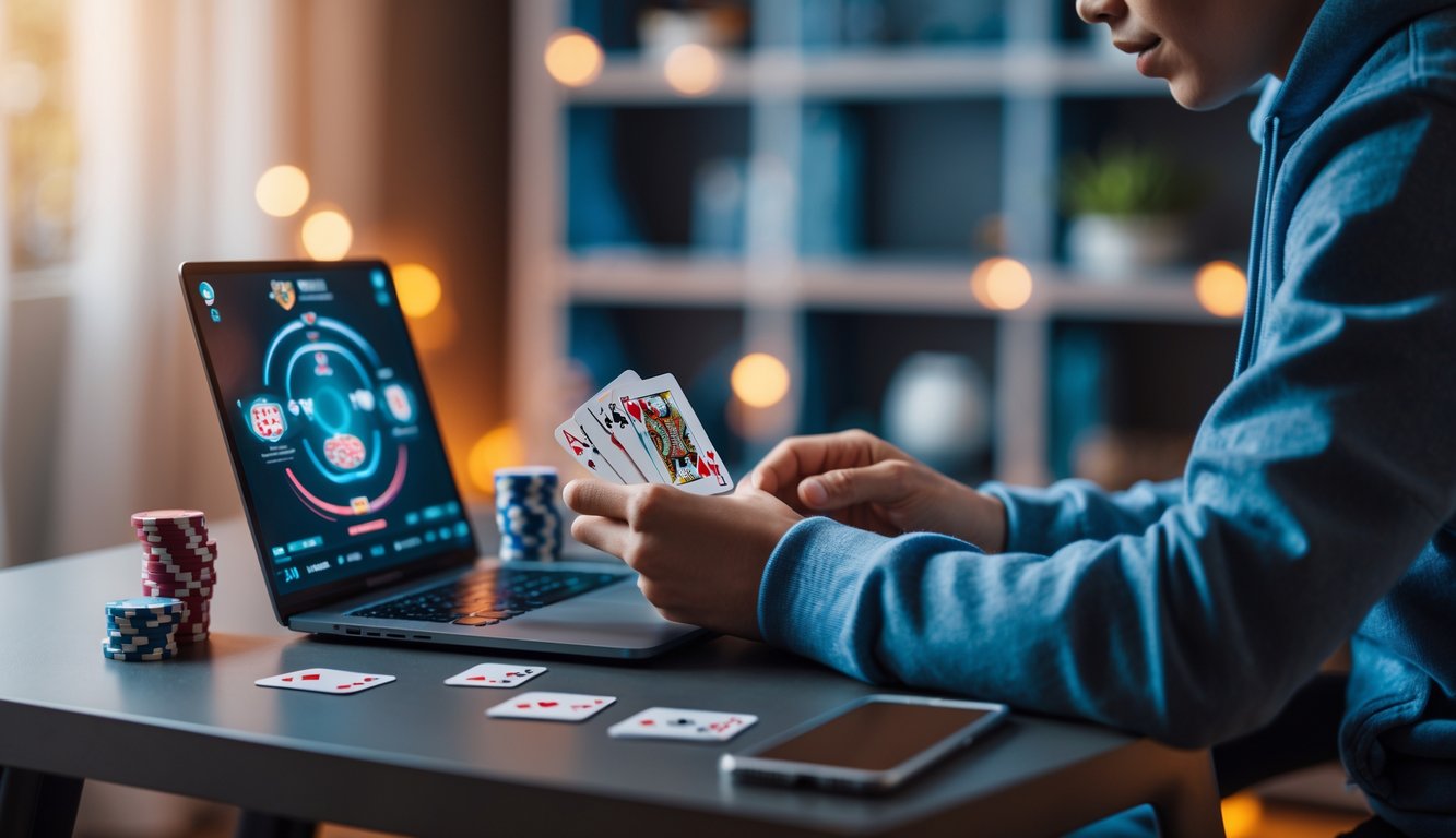 Seorang pria muda fokus bermain permainan kartu online di laptop di ruangan yang nyaman dan terang.