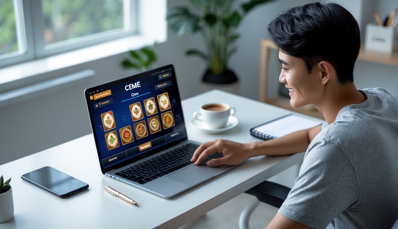 Seseorang duduk di meja dengan laptop, fokus bermain permainan kartu online dalam ruangan yang rapi dan terang.