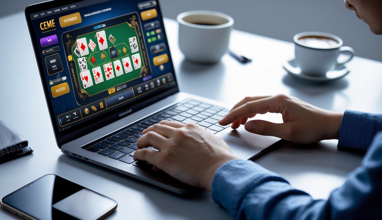 Seseorang sedang bermain permainan kartu Ceme online di laptop di meja kerja dengan beberapa barang seperti kopi dan ponsel di sekitarnya.
