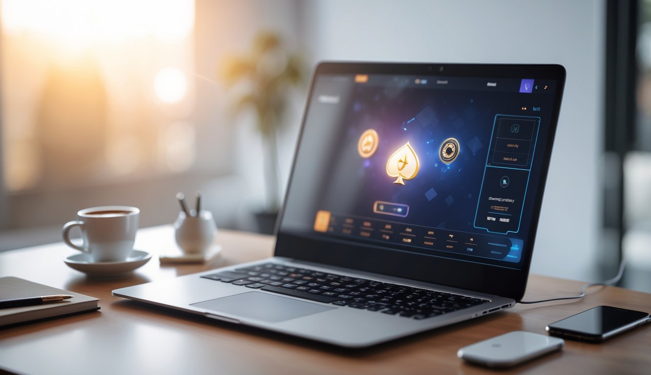 Meja kerja modern dengan laptop yang menampilkan permainan online, ponsel, kopi, dan alat tulis di atas meja kayu bersih.