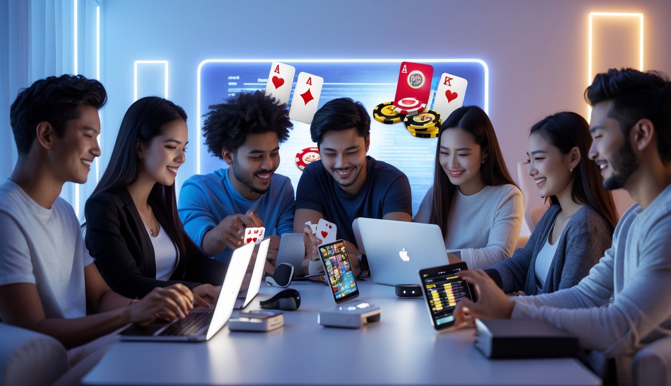 Sekelompok orang muda sedang bermain permainan kartu online bersama di ruang tamu modern dengan perangkat digital.