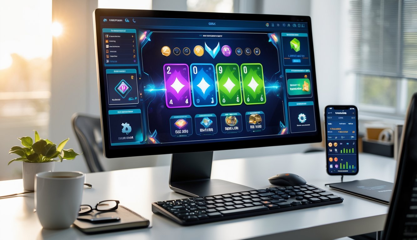 Sebuah ruang kerja rumah dengan komputer menampilkan permainan kartu online, meja bersih dengan perlengkapan kerja dan suasana fokus.