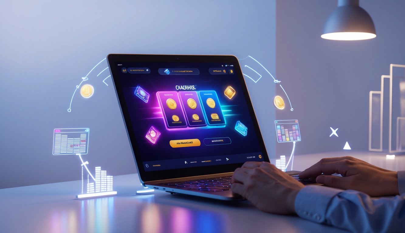 Seseorang menggunakan laptop dengan tampilan permainan kartu Ceme Online di layar dalam suasana fokus dan profesional.