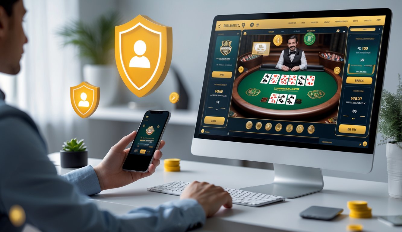 Seorang pemain menggunakan laptop dan ponsel untuk bermain blackjack online di ruang kerja yang rapi dan terang dengan suasana yang tenang dan profesional.