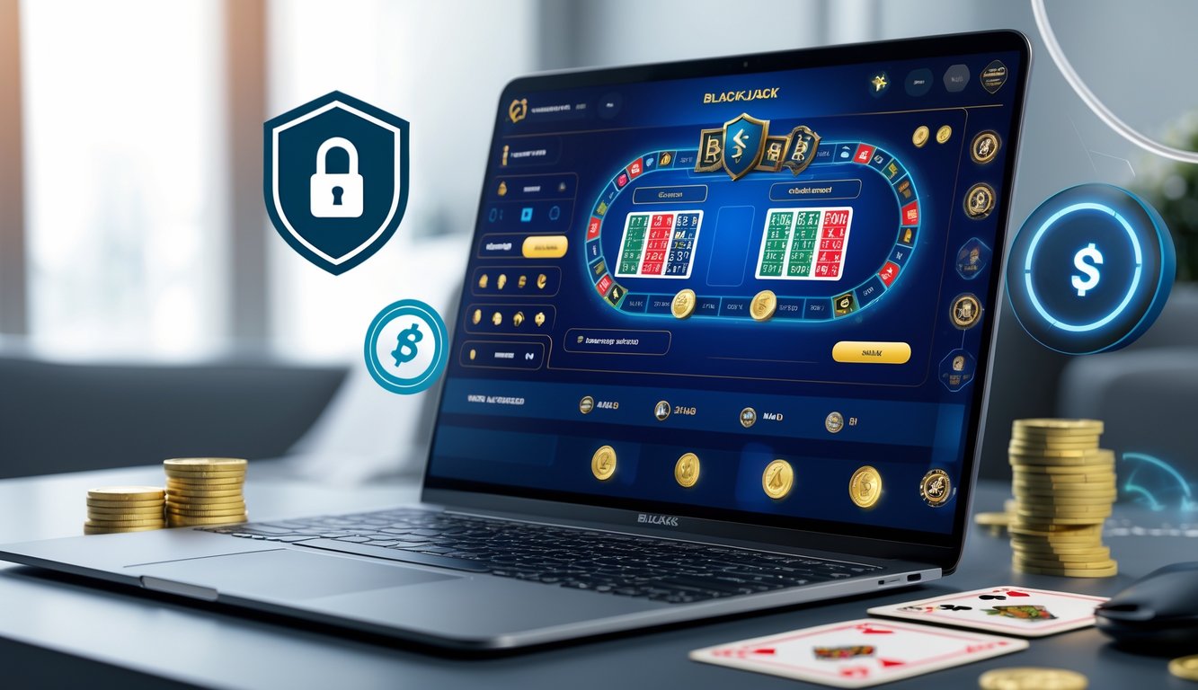 Seseorang menggunakan komputer dengan tampilan permainan blackjack online dan simbol keamanan di sekitarnya.