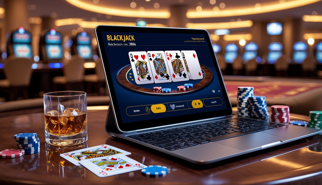 Meja kasino modern dengan tablet yang menampilkan permainan blackjack online, dikelilingi chip poker dan kartu remi, suasana hangat dan mewah.