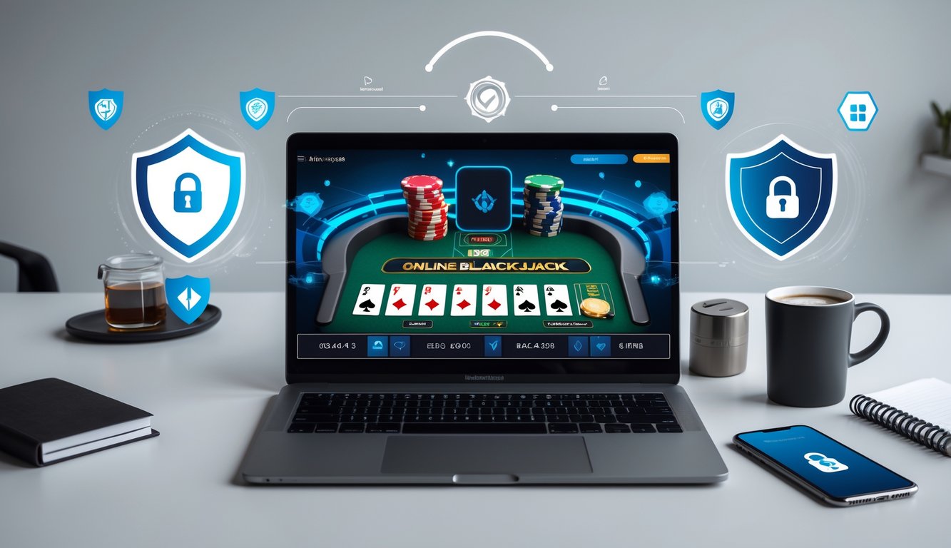 Sebuah meja kerja dengan komputer yang menampilkan permainan blackjack online, dilengkapi dengan simbol keamanan seperti gembok dan sertifikat digital.