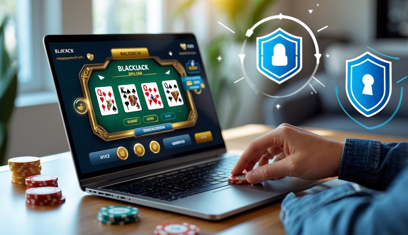Seseorang bermain blackjack online di komputer dengan kartu dan chip terlihat jelas di layar dalam suasana ruangan yang nyaman.