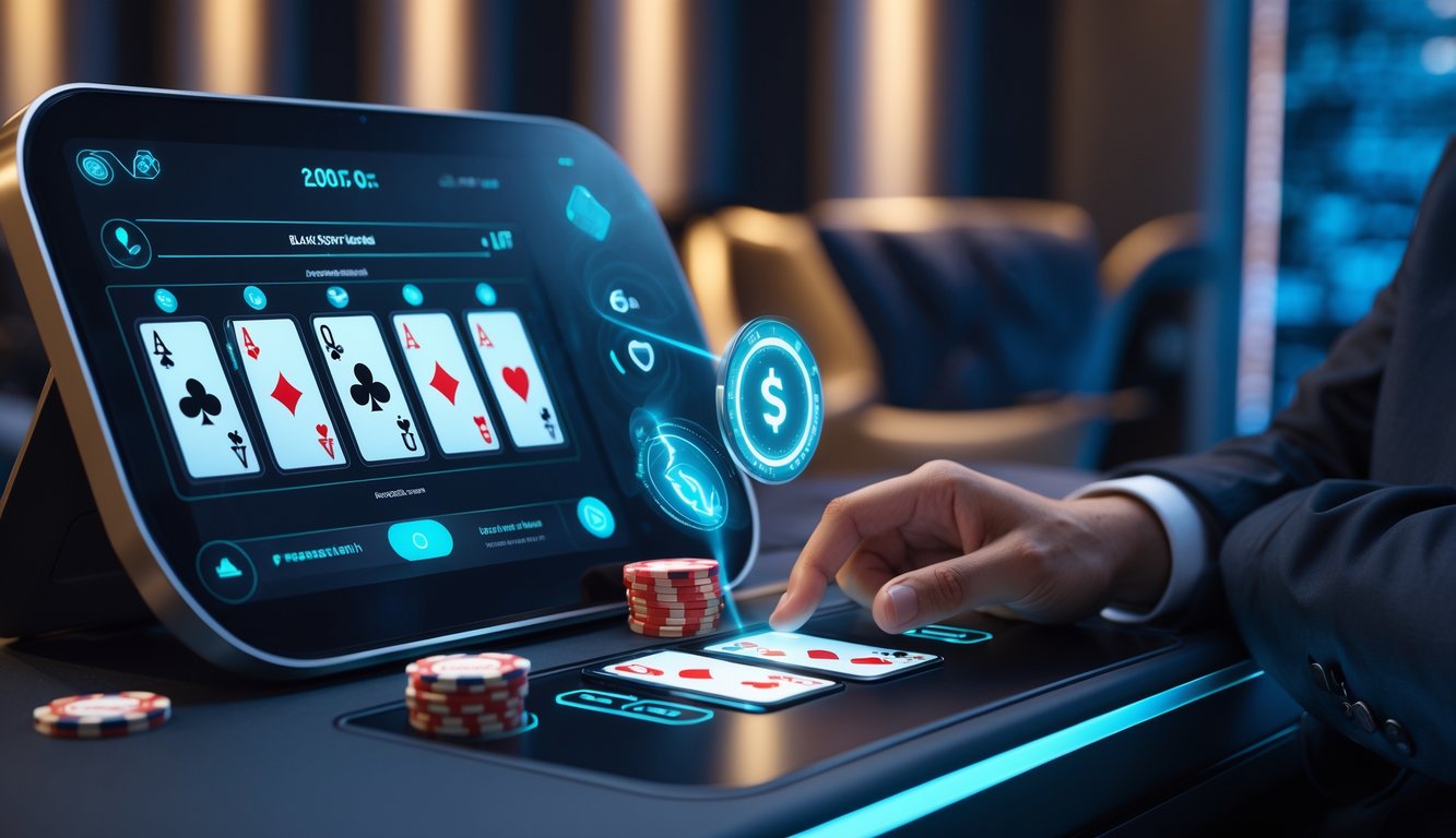 Seorang pemain sedang menggunakan perangkat touchscreen untuk bermain blackjack online dengan latar belakang modern dan elemen pembayaran digital.