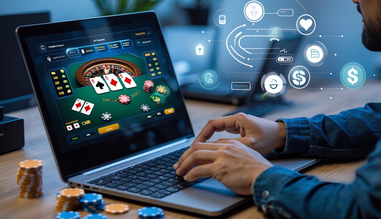 Seorang pemain dewasa sedang bermain blackjack online di komputer dengan chip taruhan dan ikon pembayaran digital di latar belakang.