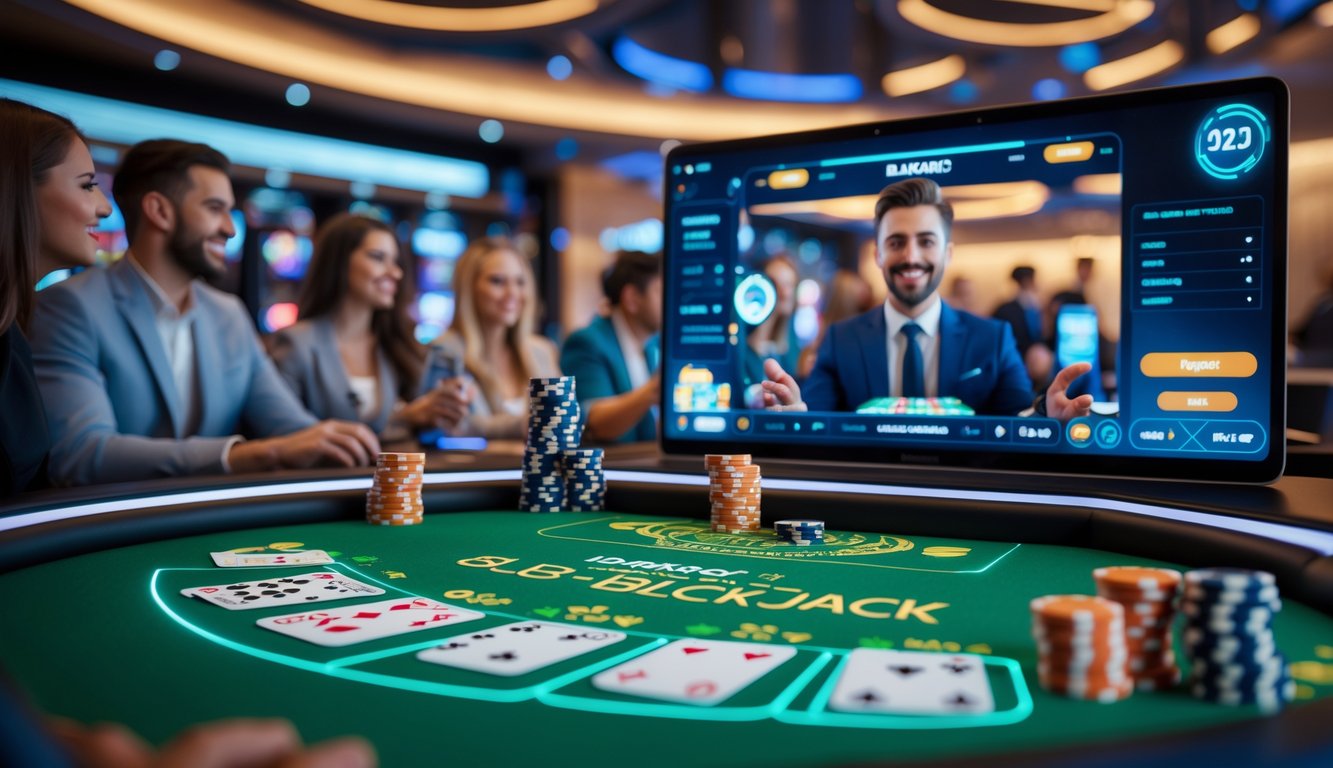 Seorang dealer live di meja blackjack online dengan pemain menggunakan laptop dan ponsel, menampilkan suasana permainan yang seru dan profesional.