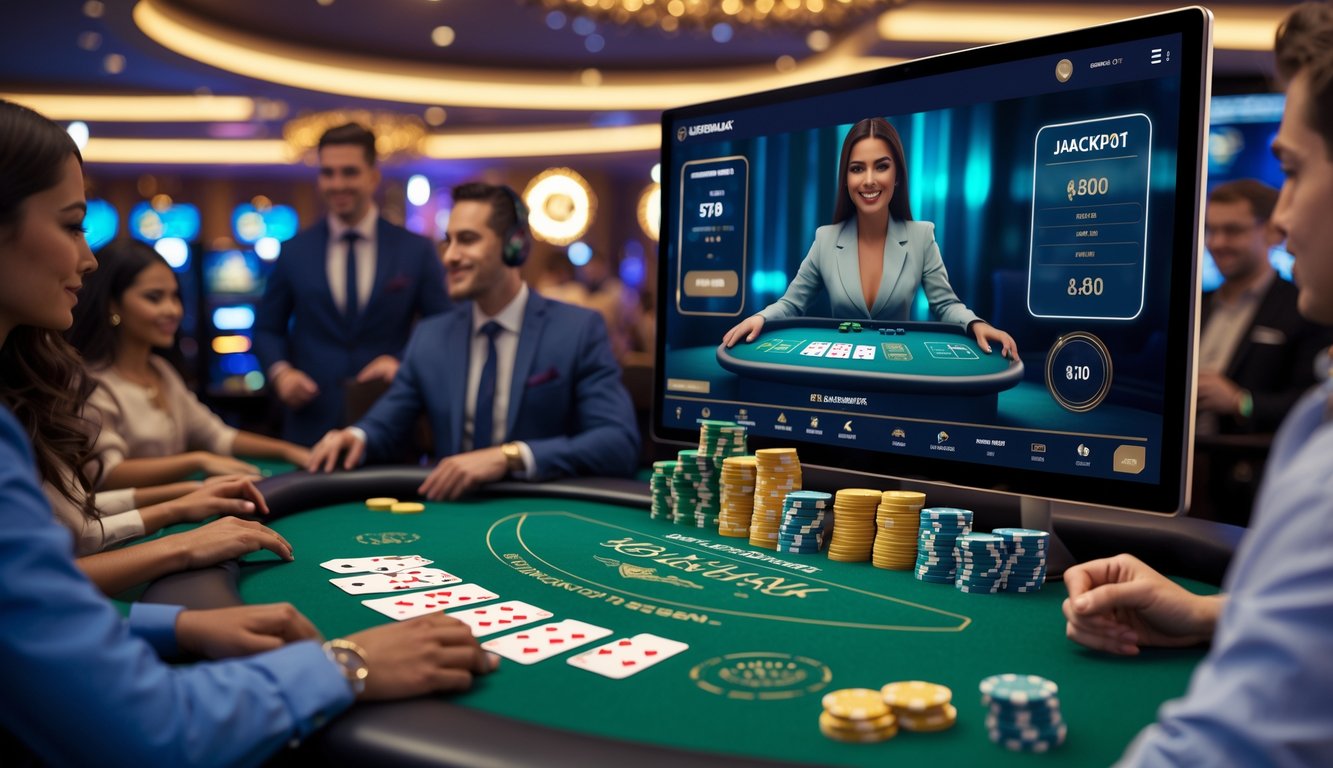 Seorang dealer live blackjack sedang bermain dengan beberapa pemain di meja hijau di kasino modern.