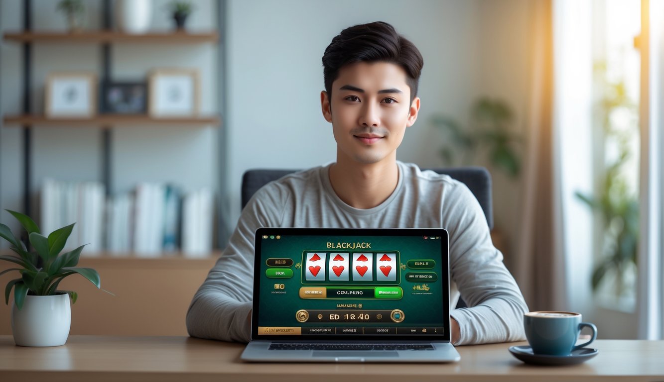 Seorang dewasa muda duduk di meja dengan laptop yang menampilkan permainan blackjack online, di ruang kerja rumah yang nyaman dan terang.